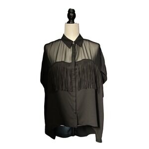 RELIGION Black Sheer Fringed Western Style Button Up Shirt Top Women's M (12/14)
